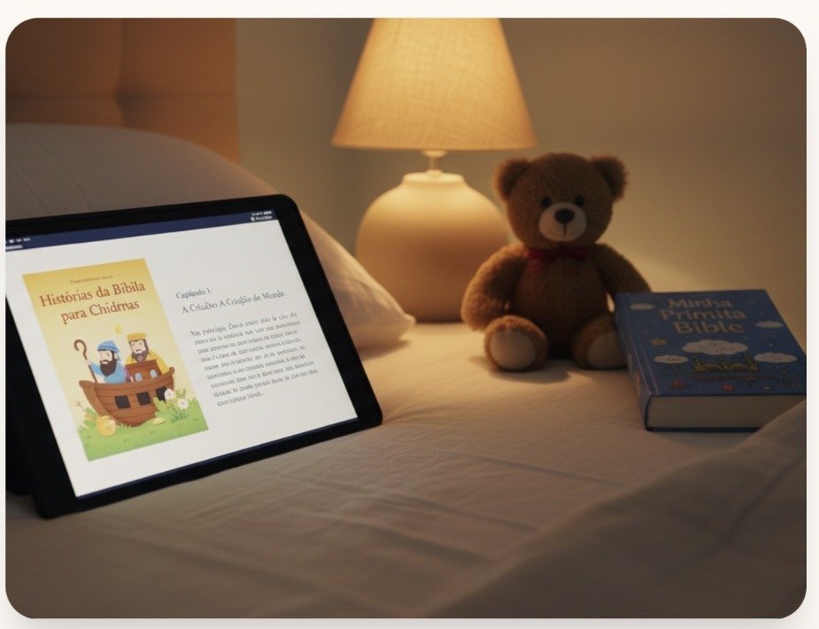 Tablet con material cristiano infantil sobre la cama, al lado de un oso y una lámpara cálida
